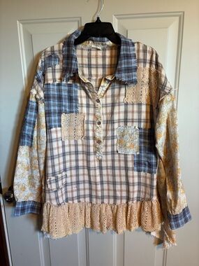 Oli &Hali Patchwork Plaid & Floral Lace Button Pullover - Blue, Cream, Yellow